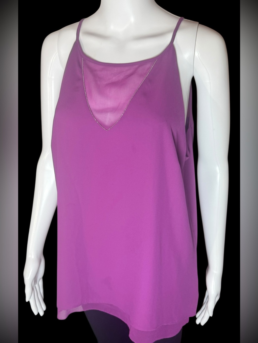 WHBM purple with silver beaded V front cami tank Sheer back closure 💜 Size Large